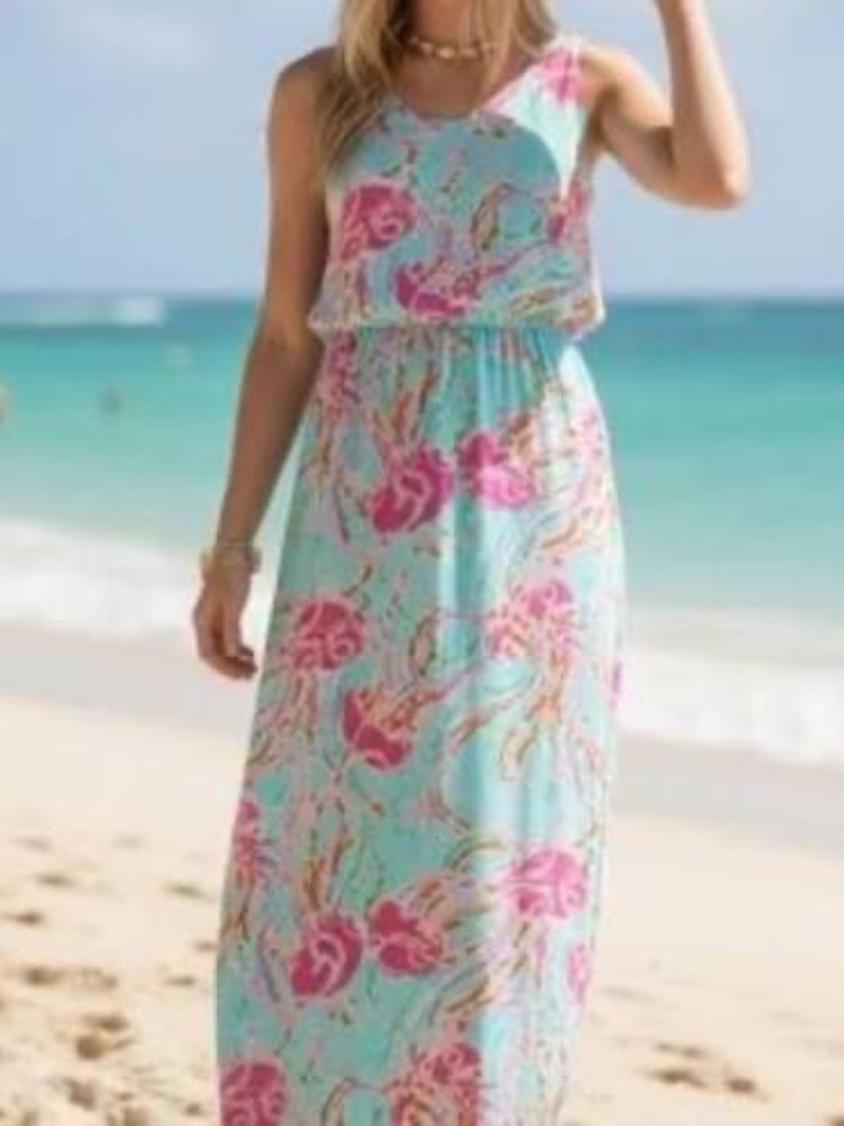 Lilly Pulitzer Aqua, Pink & Coral Printed Maxi Dreas